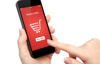 isolated woman hands holding touch phone and make online shopping